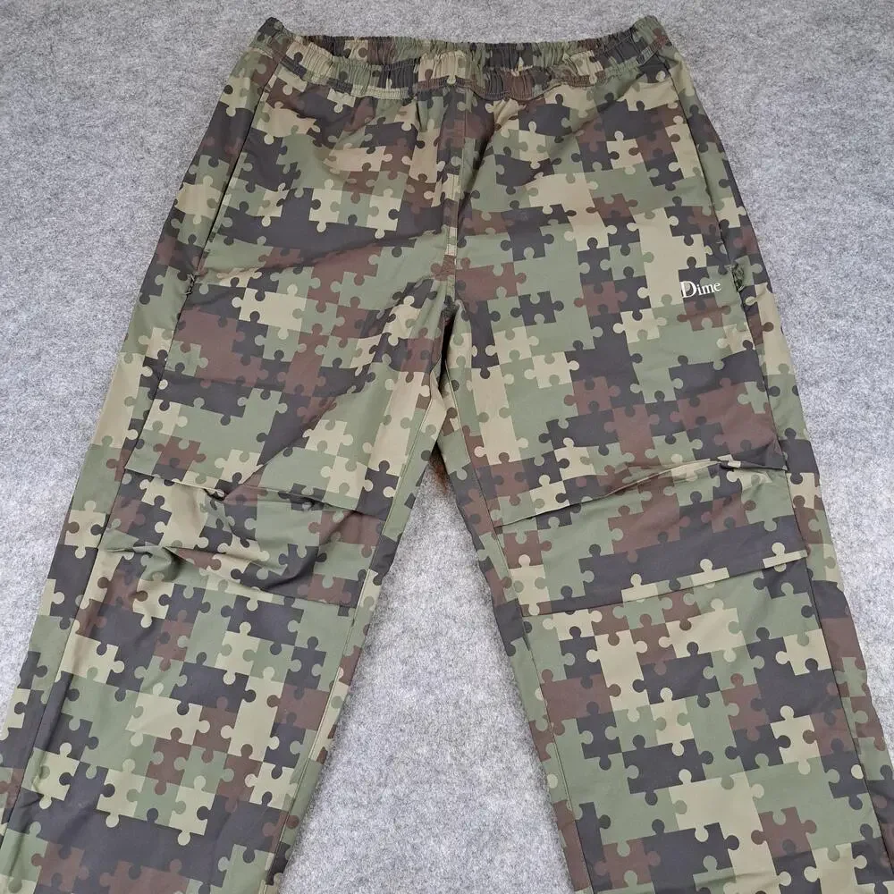 Dime Pants Mens Large Green Brown Puzzle Camo Track Zip Pockets Skate Outdoors